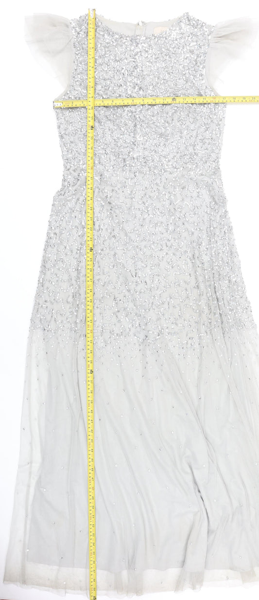 Coast Women’s Silver Beaded Sequin Maxi Dress Size 14 Formal Wedding