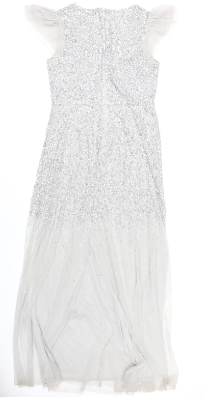 Coast Women’s Silver Beaded Sequin Maxi Dress Size 14 Formal Wedding