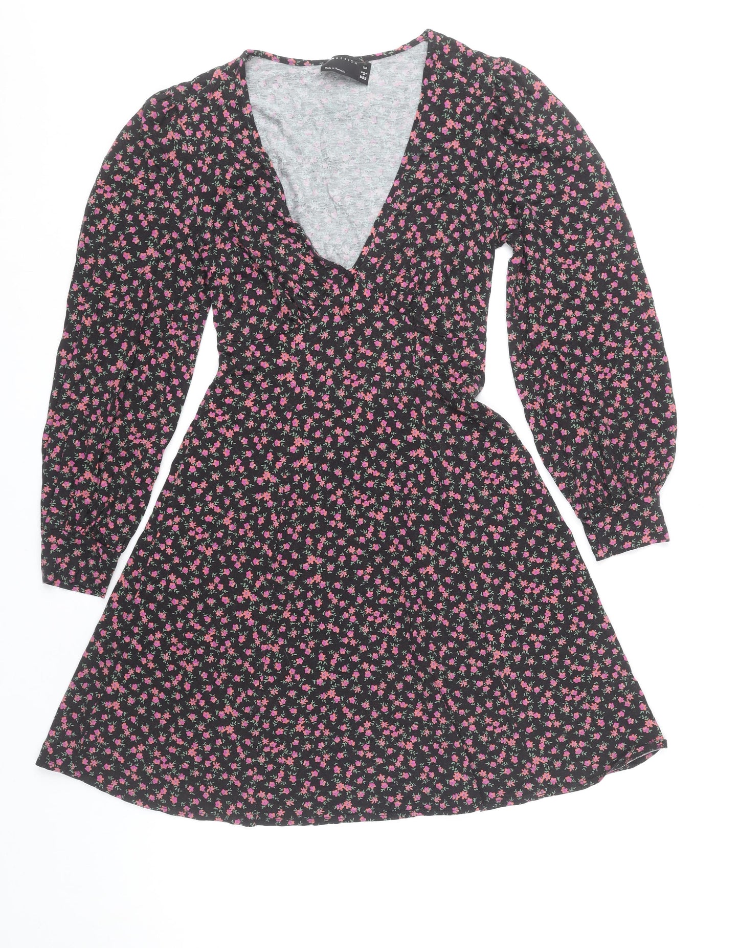 ASOS DESIGN Women’s Black Floral A-Line Short Dress UK 6