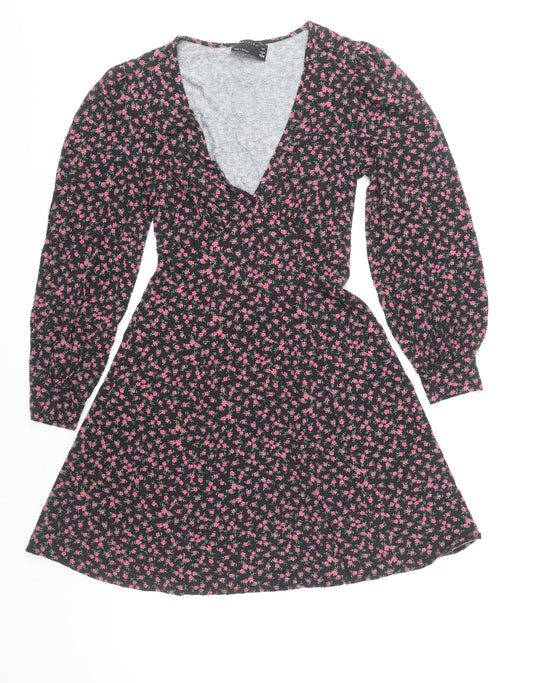 ASOS DESIGN Women’s Black Floral A-Line Short Dress UK 6