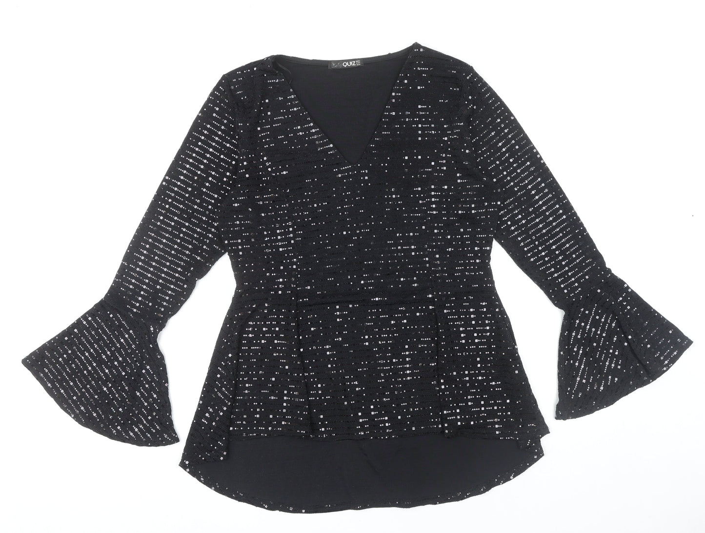Quiz Women’s Black Sequin V-Neck Bell Sleeve Tunic Blouse Size 16