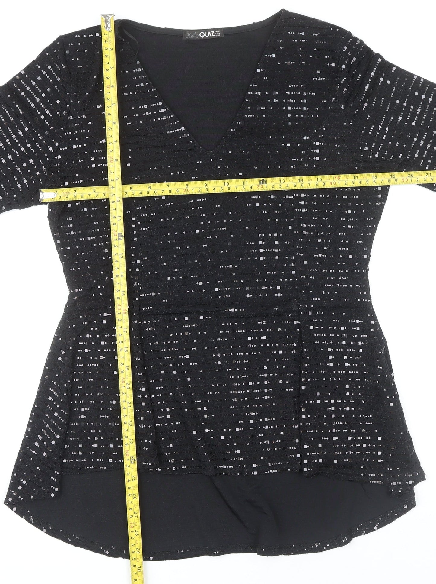 Quiz Women’s Black Sequin V-Neck Bell Sleeve Tunic Blouse Size 16