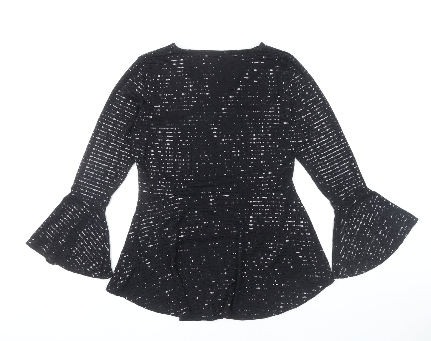 Quiz Women’s Black Sequin V-Neck Bell Sleeve Tunic Blouse Size 16