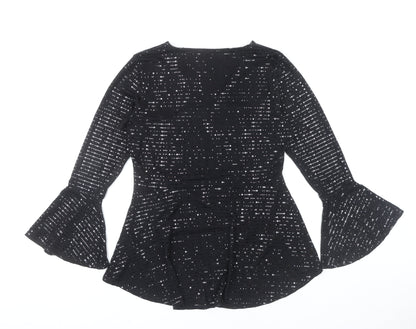 Quiz Women’s Black Sequin V-Neck Bell Sleeve Tunic Blouse Size 16