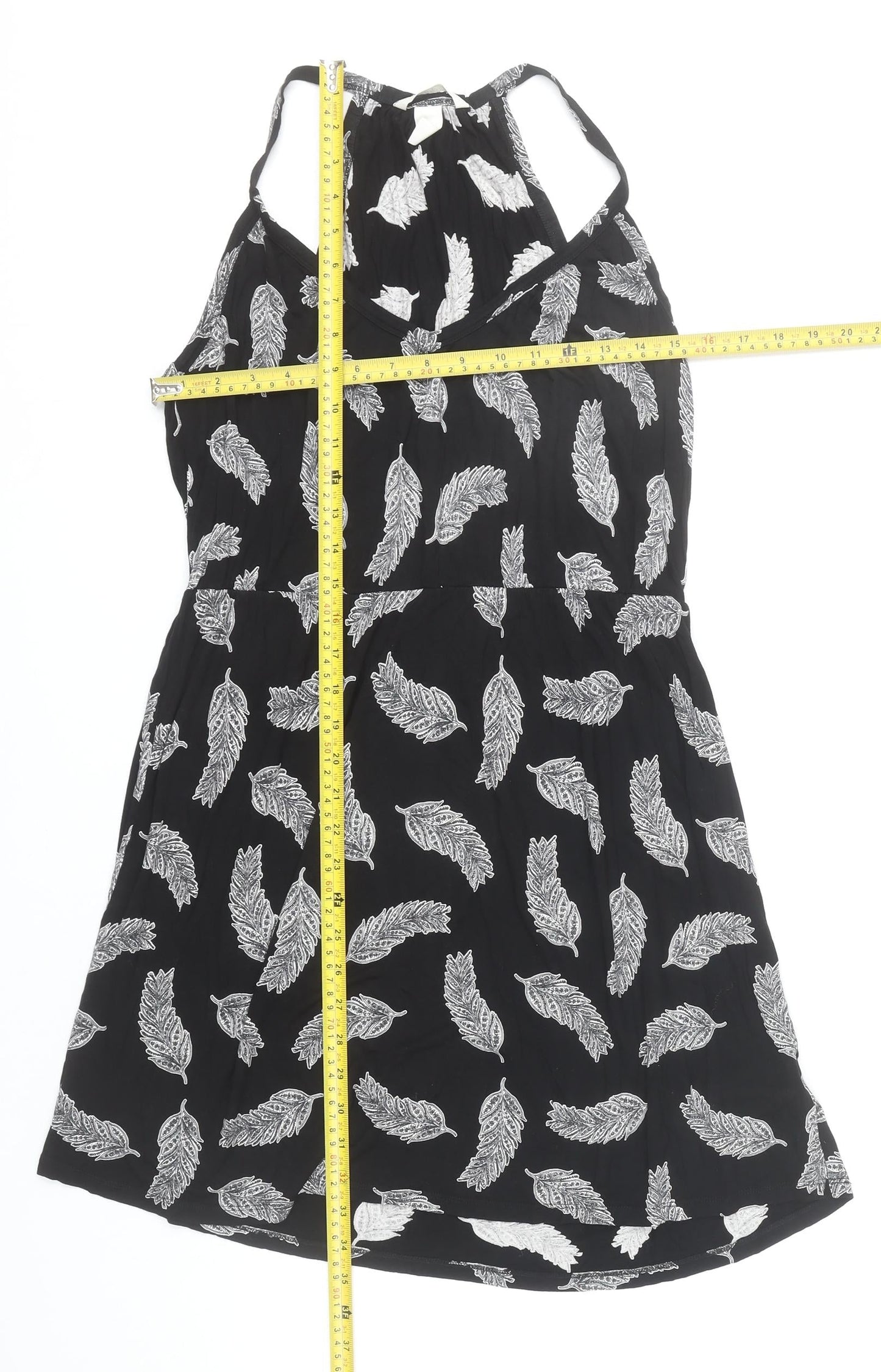 H&M Women’s Black Feather Print Halter Neck Short Slip Dress Size 12