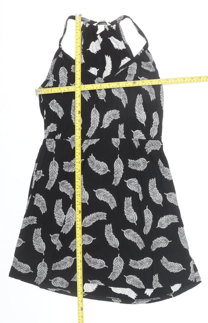 H&M Women’s Black Feather Print Halter Neck Short Slip Dress Size 12