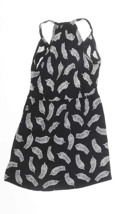 H&M Women’s Black Feather Print Halter Neck Short Slip Dress Size 12
