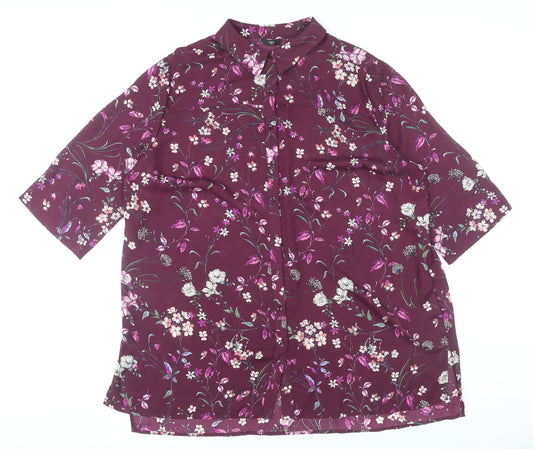 M&Co Women's Plus Size 22 Purple Floral 3/4 Sleeve Button-Up Shirt