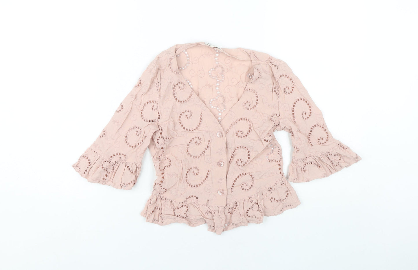 Miss Selfridge Women’s Pink Lace Tunic Blouse UK 8 3/4 Sleeve V-Neck Ruffle Hem