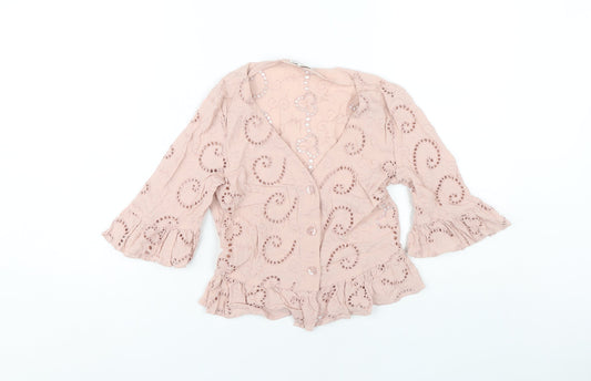 Miss Selfridge Women’s Pink Lace Tunic Blouse UK 8 3/4 Sleeve V-Neck Ruffle Hem