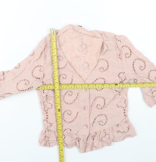 Miss Selfridge Women’s Pink Lace Tunic Blouse UK 8 3/4 Sleeve V-Neck Ruffle Hem