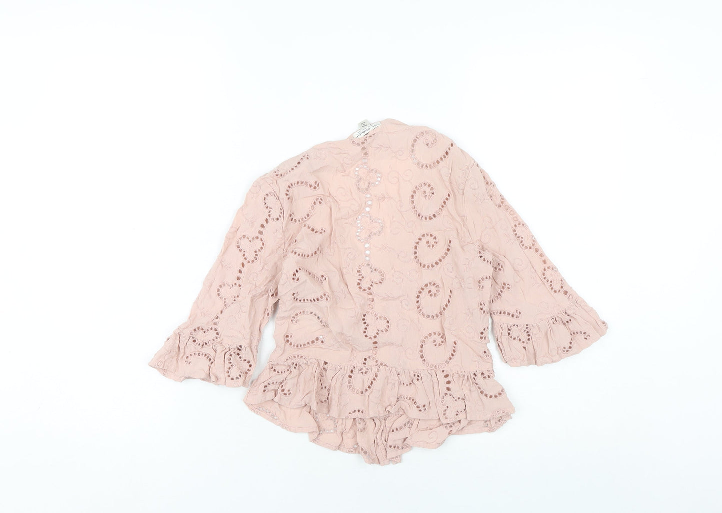 Miss Selfridge Women’s Pink Lace Tunic Blouse UK 8 3/4 Sleeve V-Neck Ruffle Hem