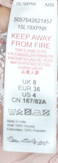 Miss Selfridge Women’s Pink Lace Tunic Blouse UK 8 3/4 Sleeve V-Neck Ruffle Hem