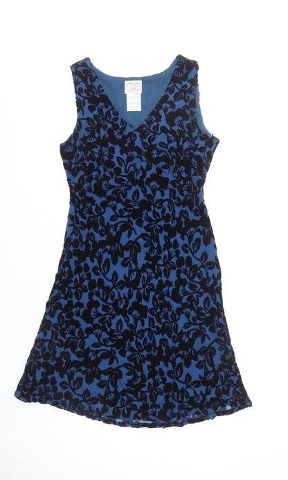 Laura Ashley Women Blue Floral Velvet A-Line Knee Length Dress UK 10