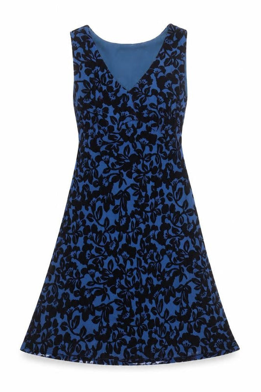 Laura Ashley Women Blue Floral Velvet A-Line Knee Length Dress UK 10