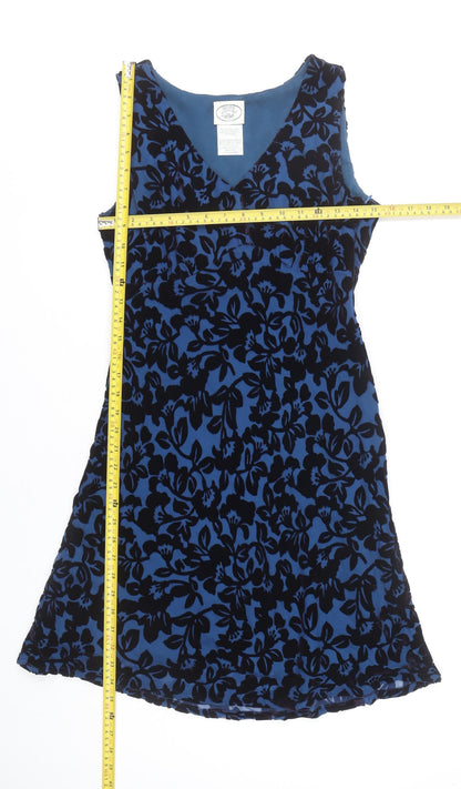 Laura Ashley Women Blue Floral Velvet A-Line Knee Length Dress UK 10