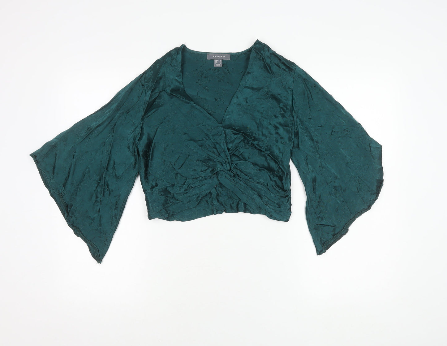 Primark Women’s Green Cropped Satin Blouse Flared Sleeve Size 10