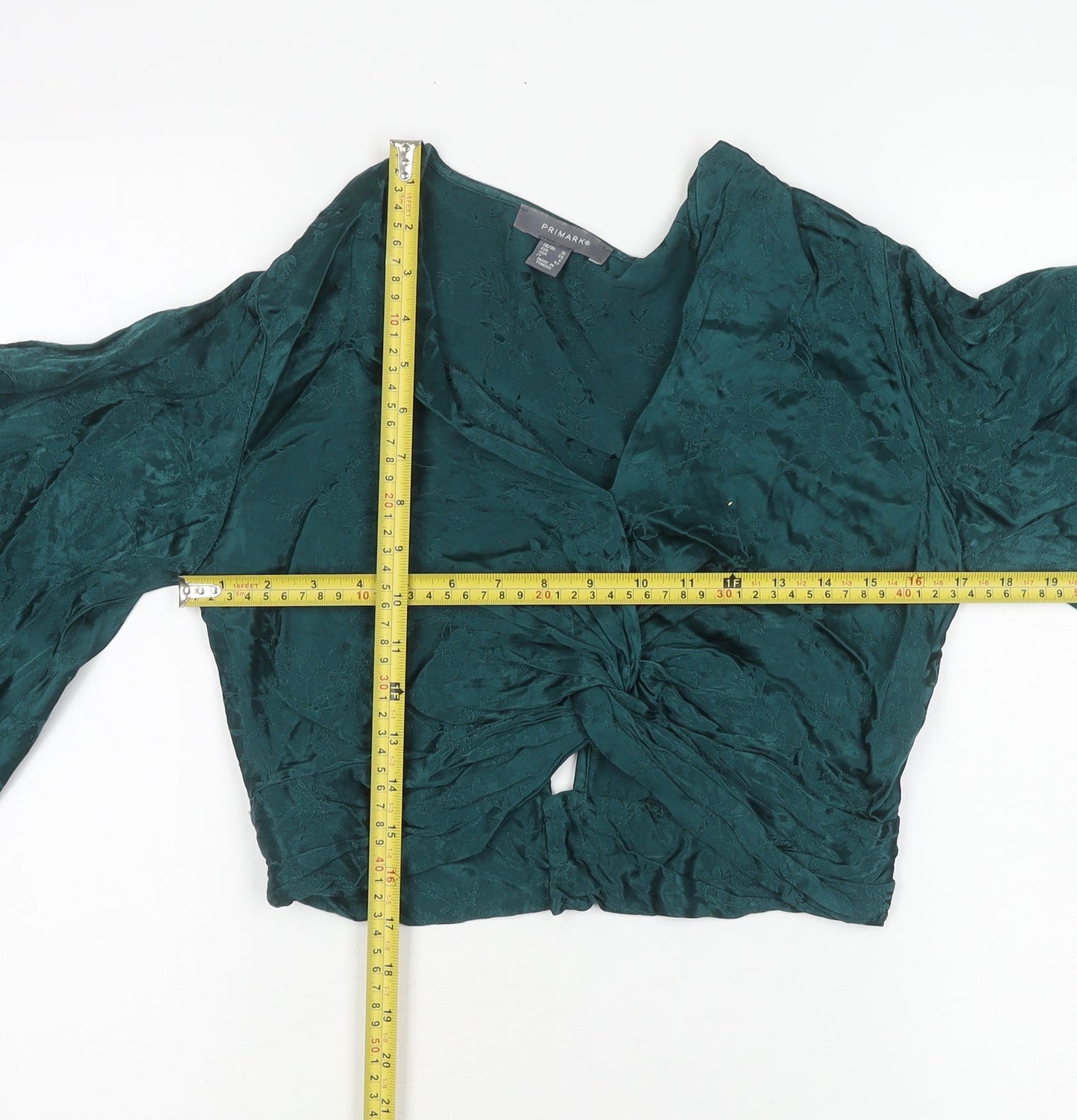 Primark Women’s Green Cropped Satin Blouse Flared Sleeve Size 10
