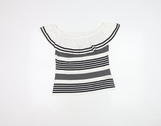 Karen Millen Women's Black Stripe Off Shoulder Slim Fit Blouse UK 12