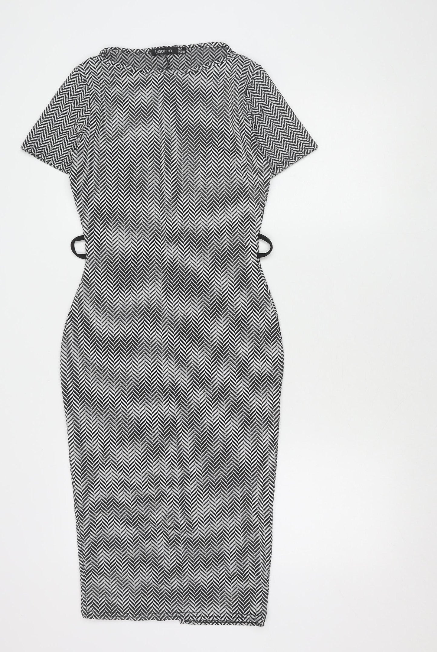 Boohoo Women’s Black Herringbone Bodycon Dress Size 10 Knee-Length