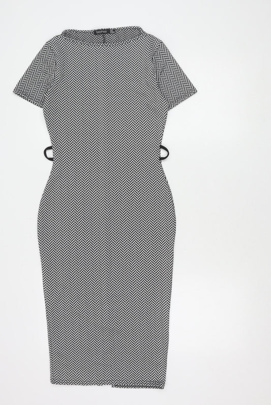 Boohoo Women’s Black Herringbone Bodycon Dress Size 10 Knee-Length