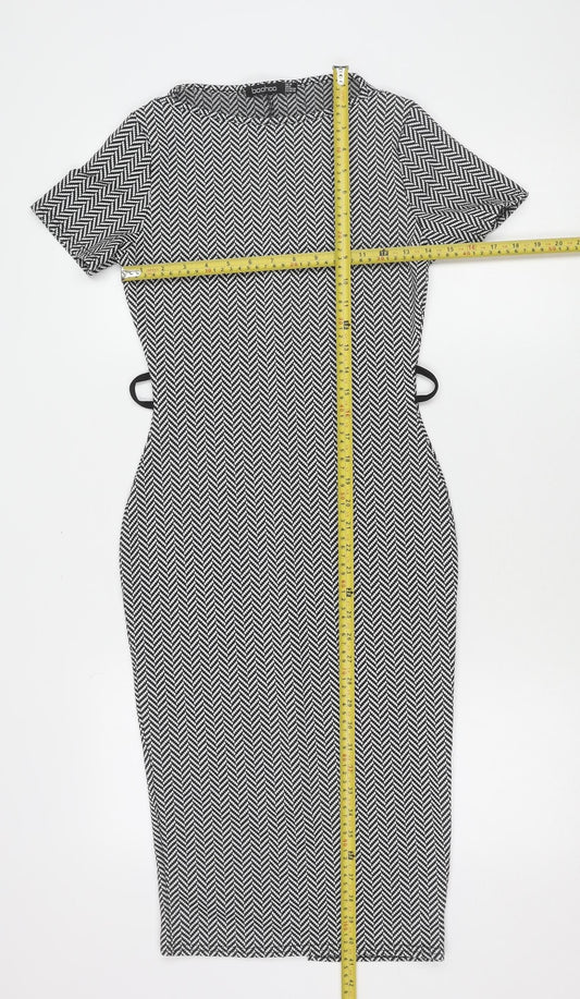 Boohoo Women’s Black Herringbone Bodycon Dress Size 10 Knee-Length