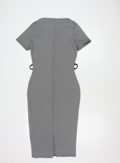 Boohoo Women’s Black Herringbone Bodycon Dress Size 10 Knee-Length