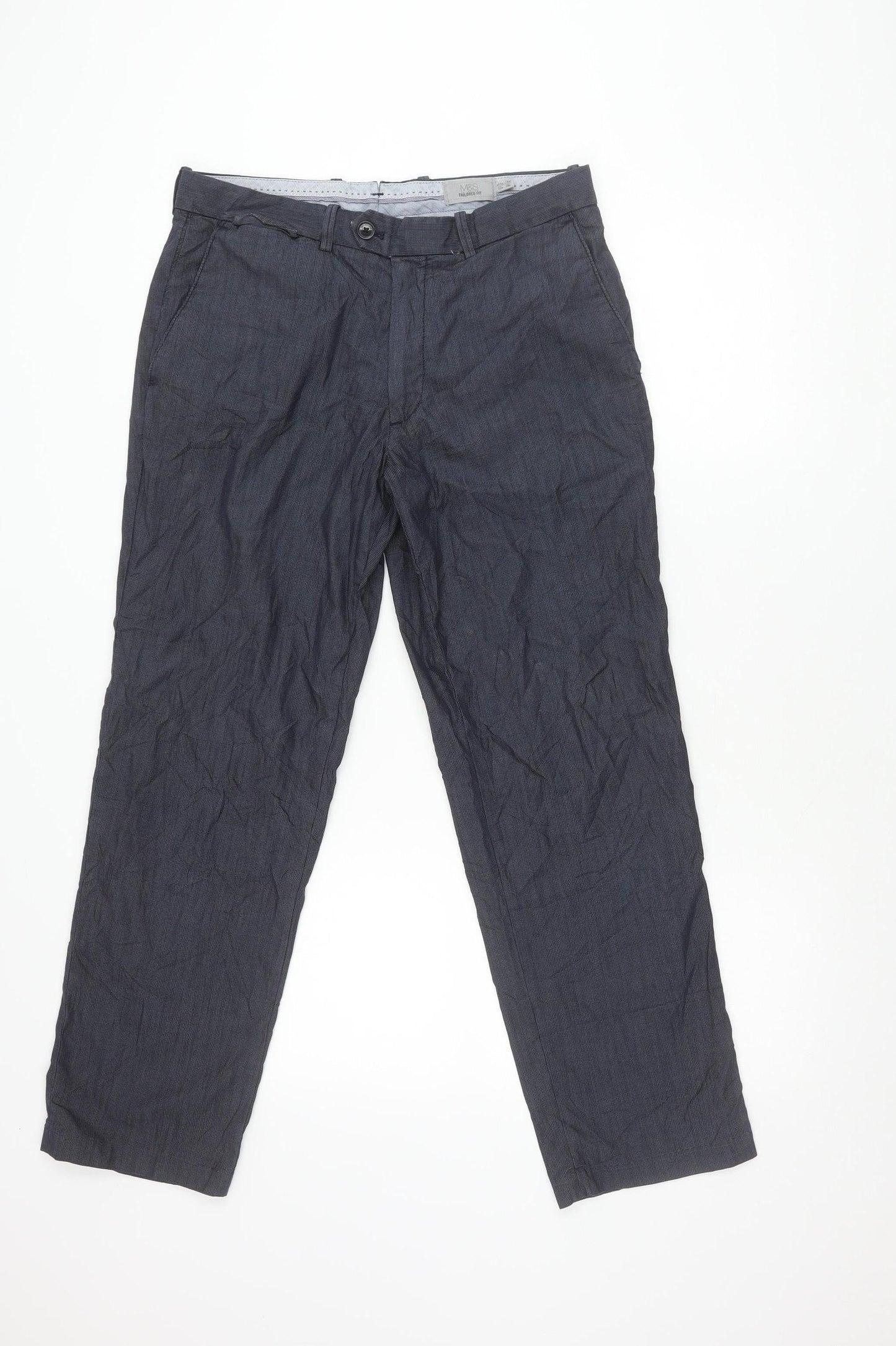 Marks and Spencer Men's Blue Check 32x29 Tailored Fit Trousers