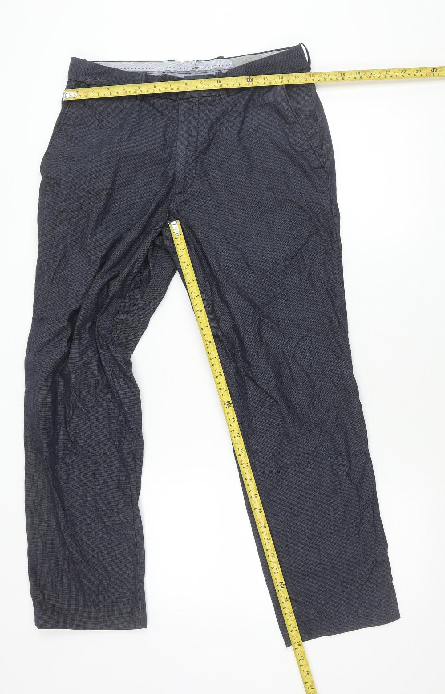 Marks and Spencer Men's Blue Check 32x29 Tailored Fit Trousers
