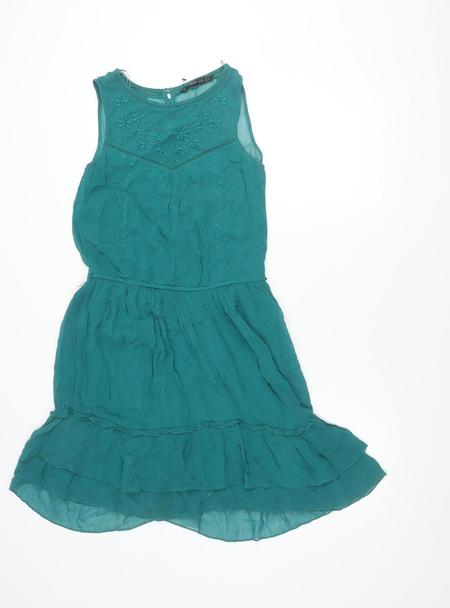 Zara Trafaluc Women’s Green 8 Hi-Low Sleeveless Embroidered Dress
