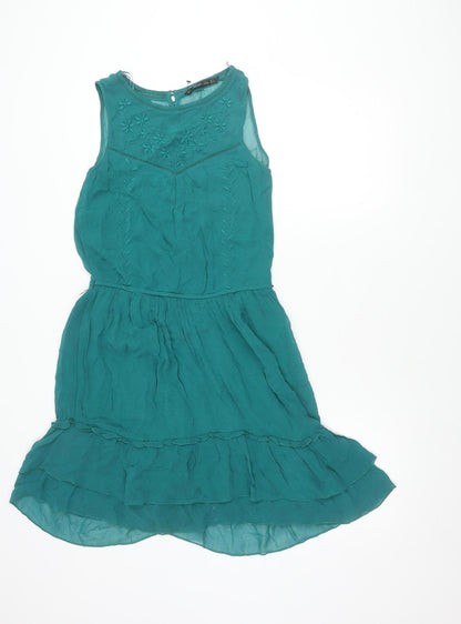 Zara Trafaluc Women’s Green 8 Hi-Low Sleeveless Embroidered Dress