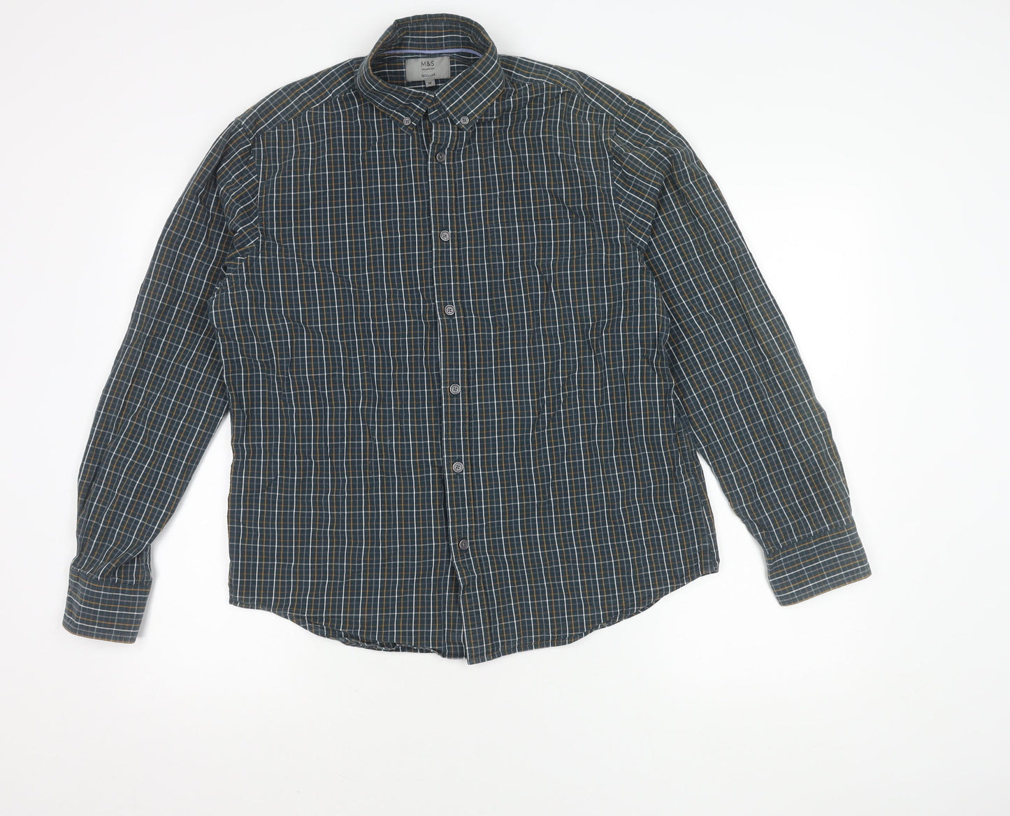 Marks and Spencer Men’s Blue Check Cotton Regular Fit Shirt M 38"-40"