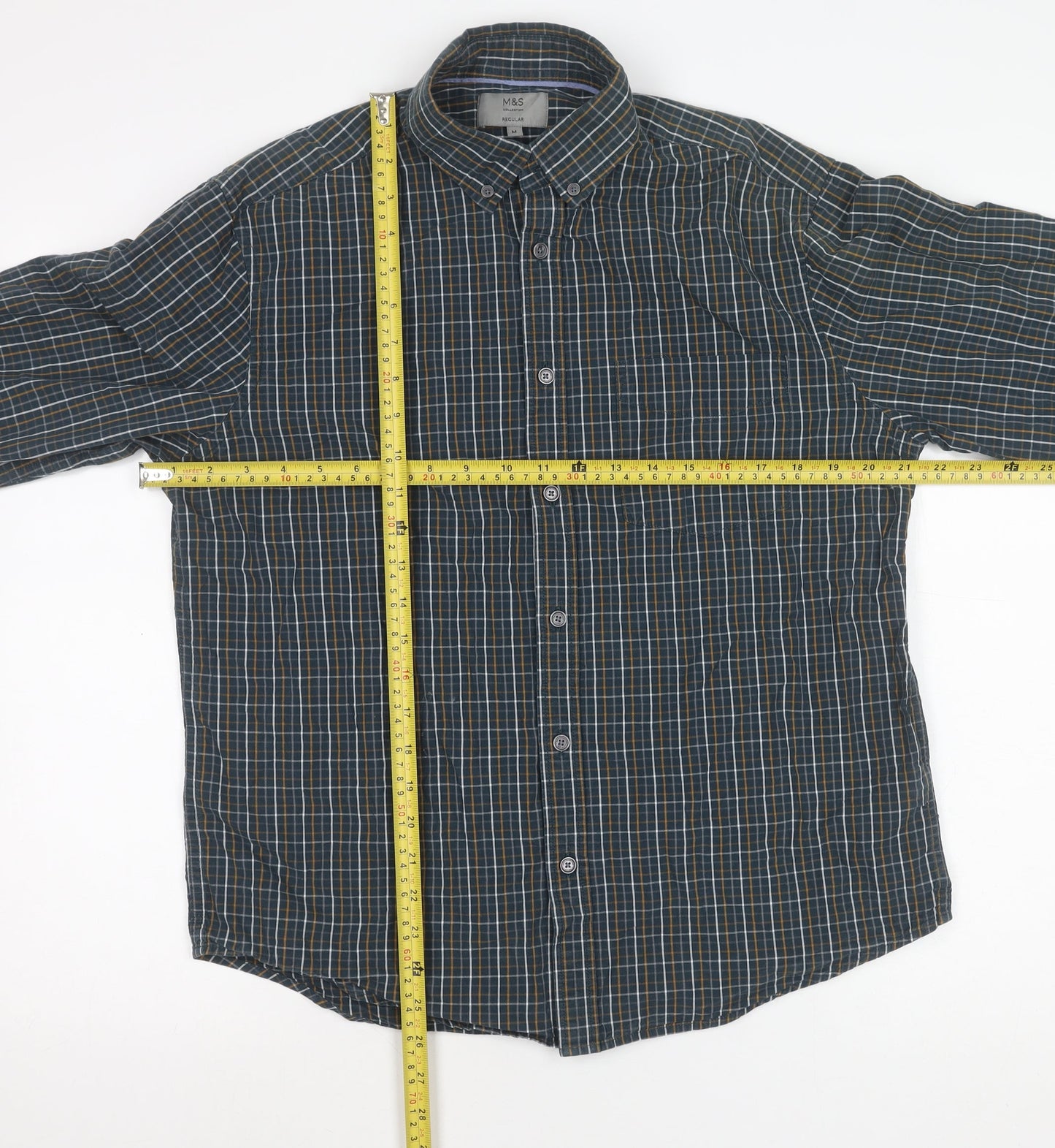 Marks and Spencer Men’s Blue Check Cotton Regular Fit Shirt M 38"-40"