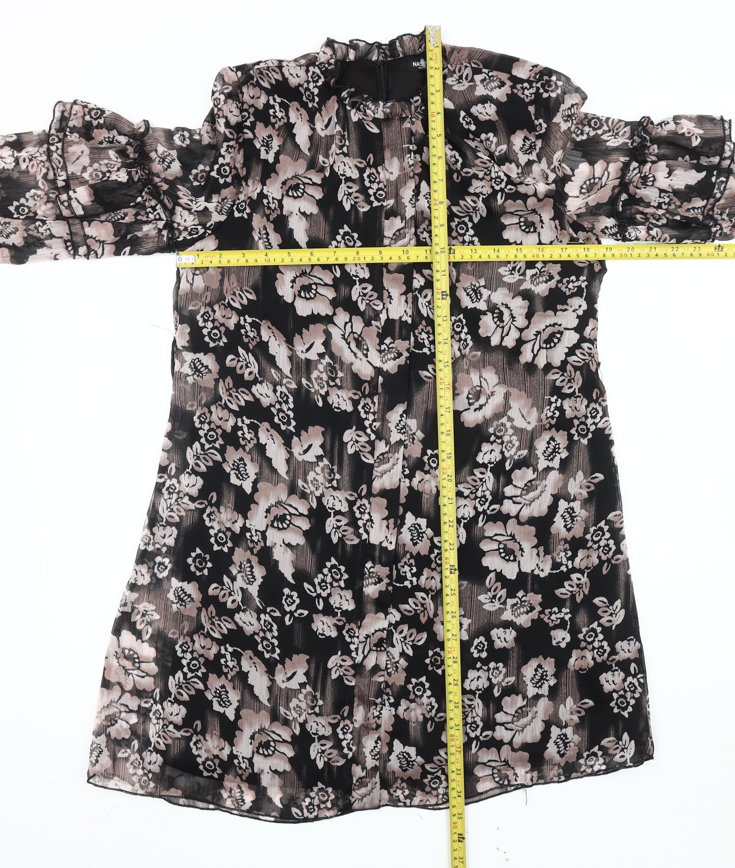 Nasty Gal Women’s Black Floral Shift Dress Size 8 High Neck Long Sleeve