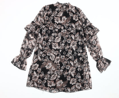 Nasty Gal Women’s Black Floral Shift Dress Size 8 High Neck Long Sleeve