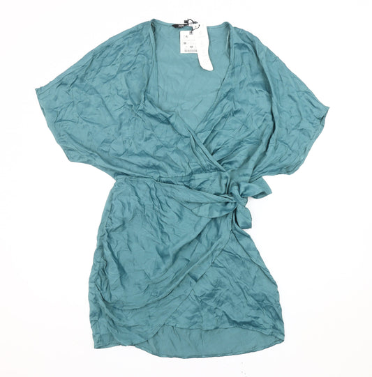 Zara Women’s Green Short Wrap Dress Kimono Sleeve V-Neck M