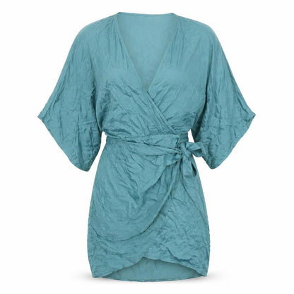 Zara Women’s Green Short Wrap Dress Kimono Sleeve V-Neck M