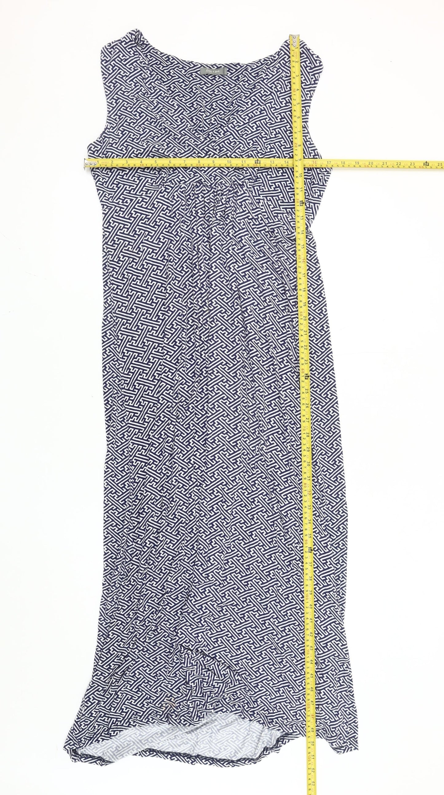 Lily & Me Women’s Blue Geometric Maxi Dress Size 14 Sleeveless V-Neck