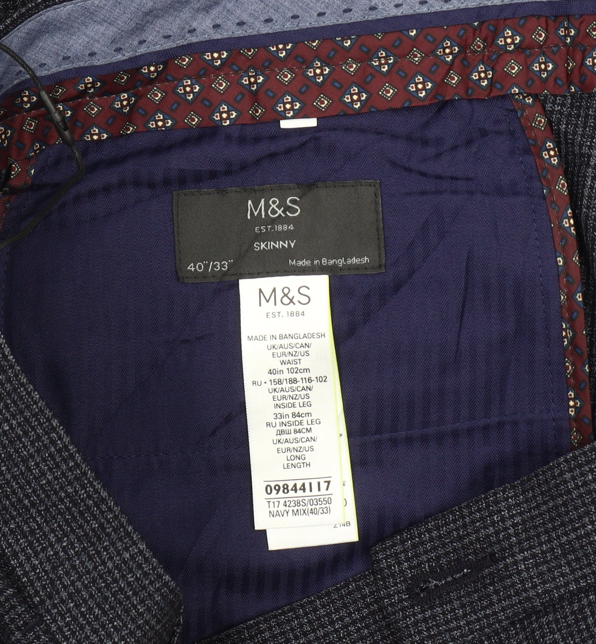 Marks and Spencer Men's Blue Check Slim Fit Dress Trousers 40x33