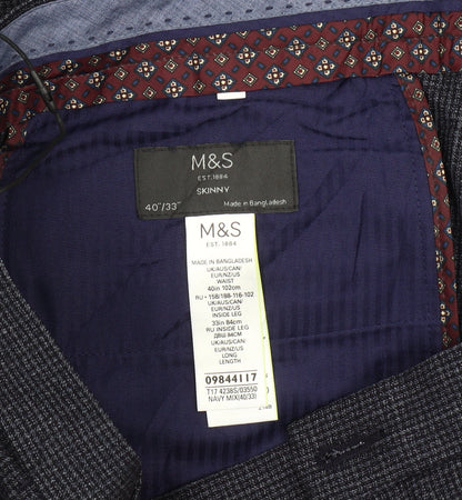 Marks and Spencer Men's Blue Check Slim Fit Dress Trousers 40x33