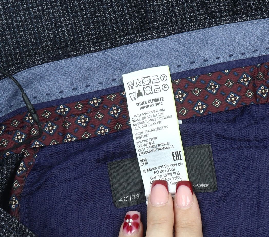 Marks and Spencer Men's Blue Check Slim Fit Dress Trousers 40x33