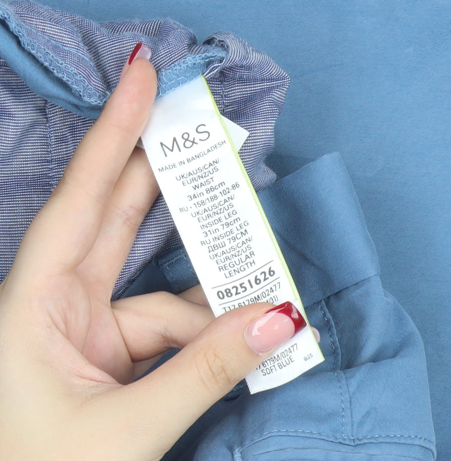 Marks and Spencer Men's Blue Chino Trousers 34W 31L Regular Fit