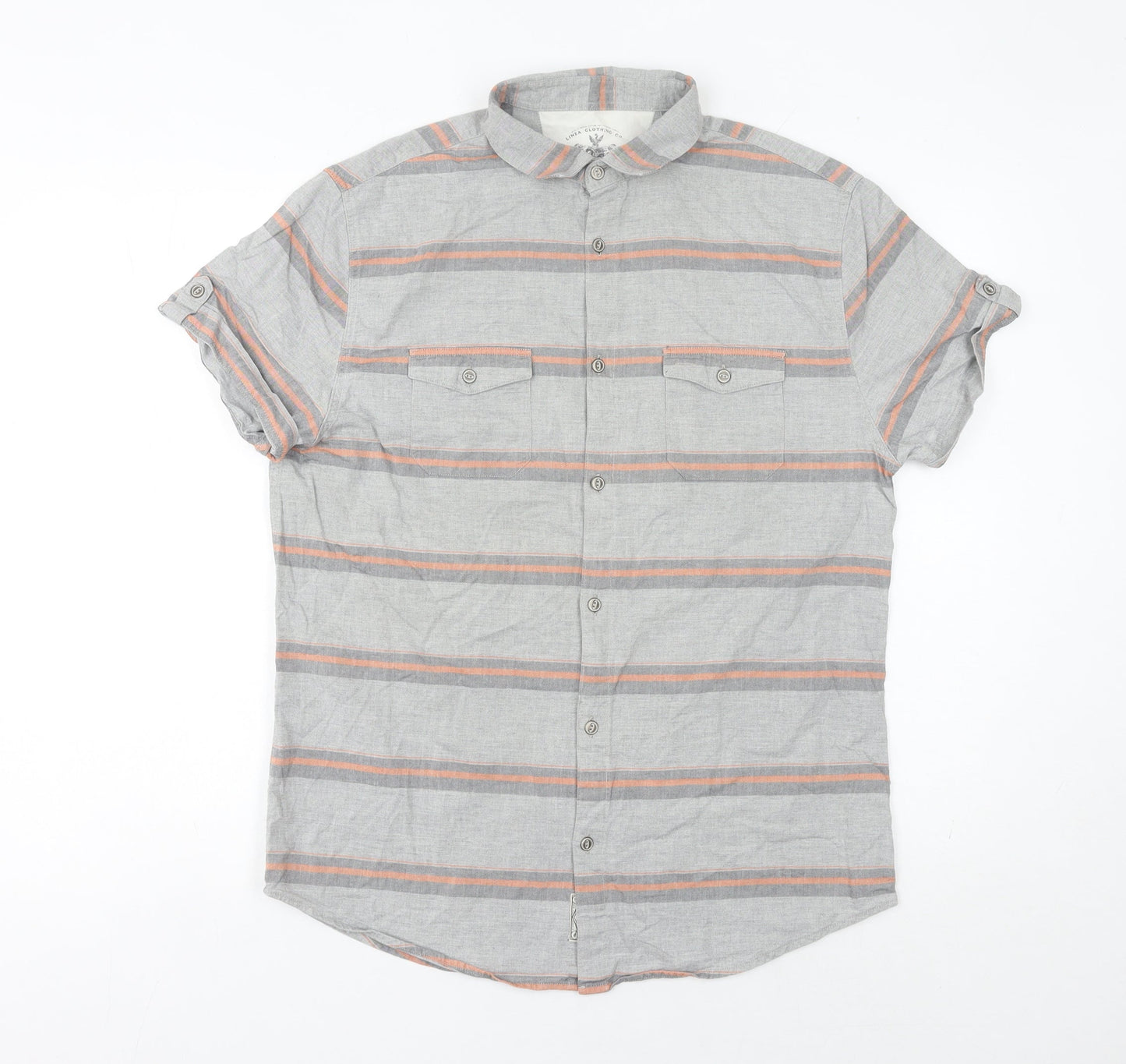 Linea Men's Grey Striped Cotton Short Sleeve Button-Up Shirt M