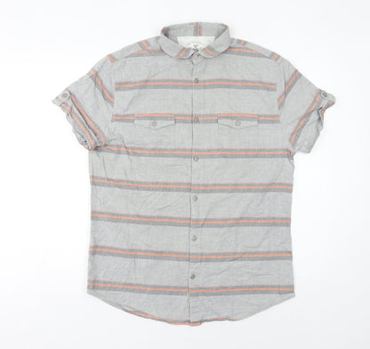 Linea Men's Grey Striped Cotton Short Sleeve Button-Up Shirt M