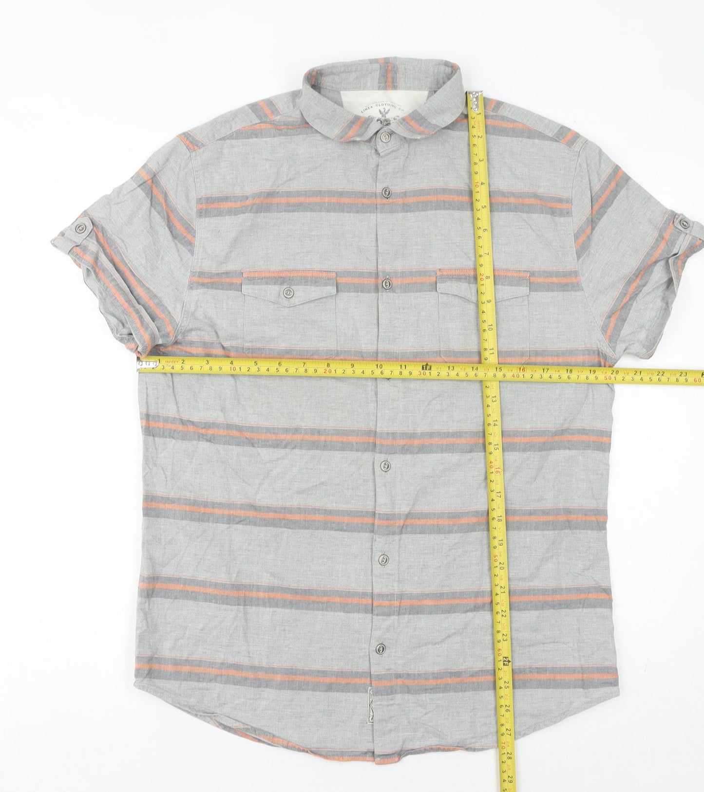 Linea Men's Grey Striped Cotton Short Sleeve Button-Up Shirt M