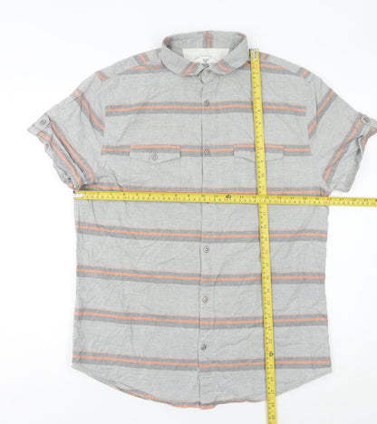 Linea Men's Grey Striped Cotton Short Sleeve Button-Up Shirt M
