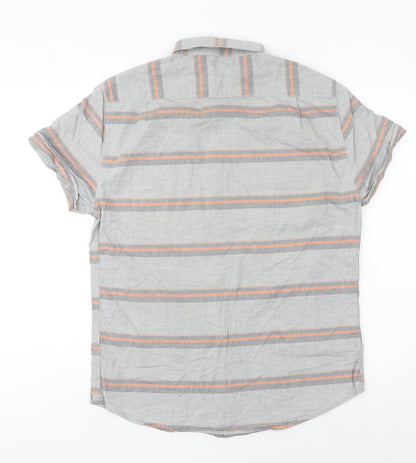 Linea Men's Grey Striped Cotton Short Sleeve Button-Up Shirt M