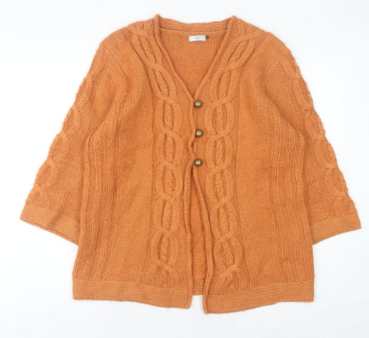 Cotton Traders Women's Orange 10 Cardigan Cable Knit V-Neck 3/4 Sleeve