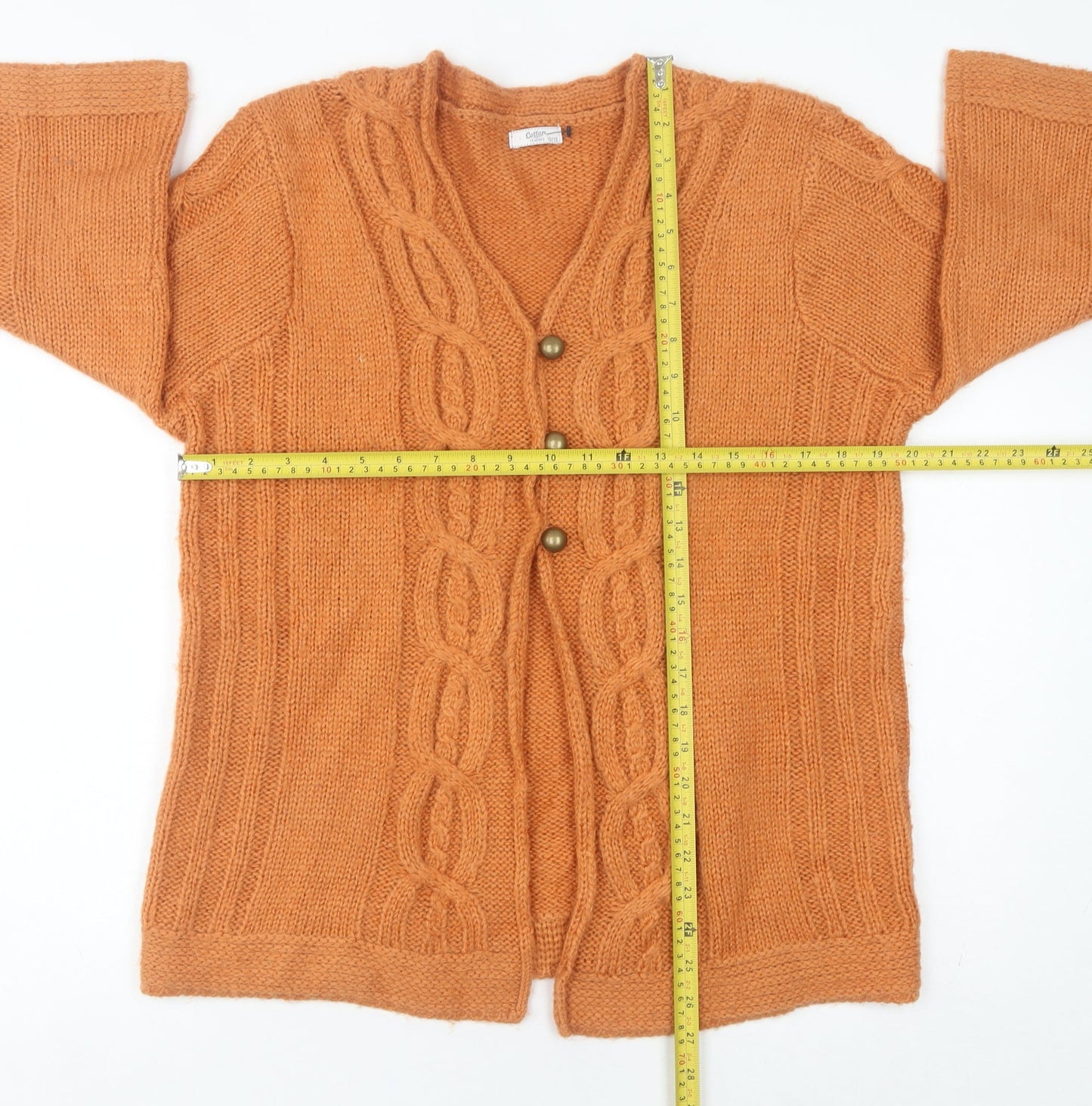 Cotton Traders Women's Orange 10 Cardigan Cable Knit V-Neck 3/4 Sleeve