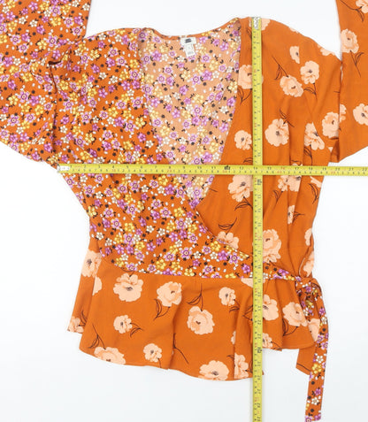 River Island Women Orange Floral Wrap Blouse Size 16 Long Sleeve